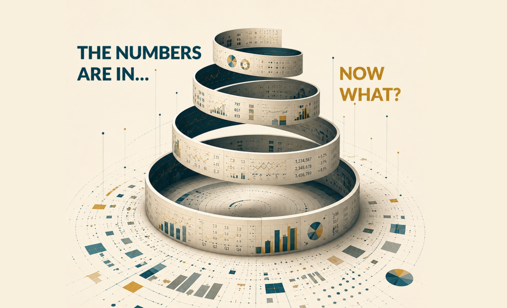 Financial data arranged in an upward spiral, illustrating how financial statements create an ongoing feedback loop for business decisions.