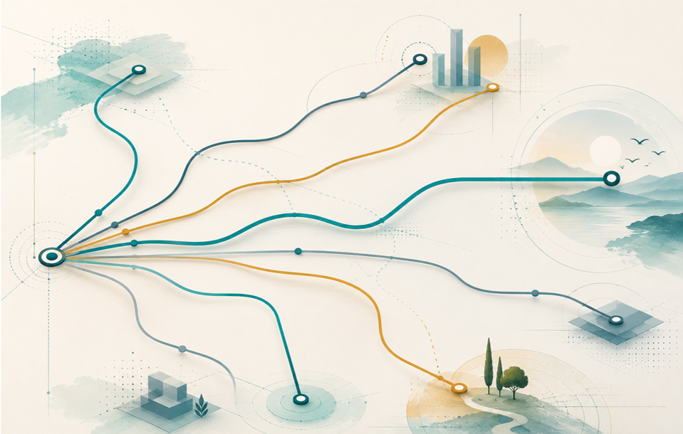Abstract navigation map showing multiple paths leading to different destinations, representing the different choices business owners can make.